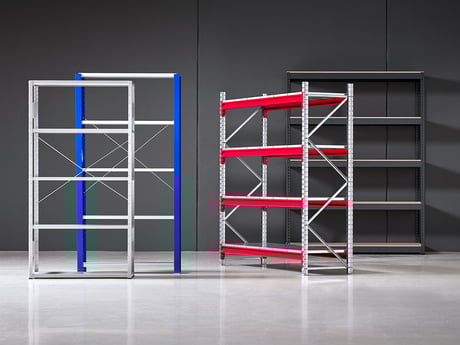 different models of racking units by AJ Products against a dark background