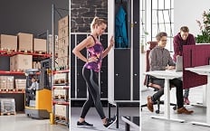 A split image showcasing three different environments: a warehouse scene featuring a man working in a forklift, a woman stretching at a changing room and two men working on an office