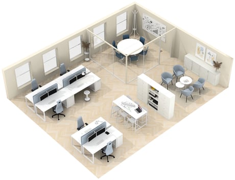 Lyst og luftig kontorlandskap i 3D