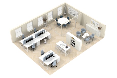 Birds eye 3D design of a modern office designed around collaboration. The office has several meeting spaces for private meetings or quick team huddles. The office has a mainly white interior with light blue seating to add a splash of colour for a stylish and refreshing look.