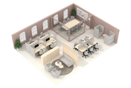Birds eye 3D design of a contemporary office with a Scandinavian look and feel. It features birch wood furniture, light grey office chairs, soft seating and screens with blush pink walls, creating a calming atmosphere. The office features a bank of workstations, a hot-desking area, a large walled-off conference room with glass walls, an open sofa area and private pod seating.