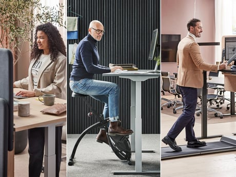 Three images showing different people working: one sitting, one cycling, and one walking on a treadmill.