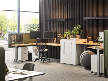 A modern office environment with a clean and organized design