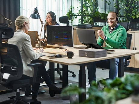 A open plan office with workers sat at desks with computers and laptops