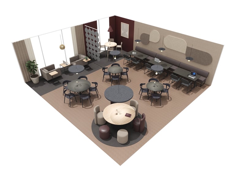 3D render of a peaceful and calm canteen concept by AJ Products