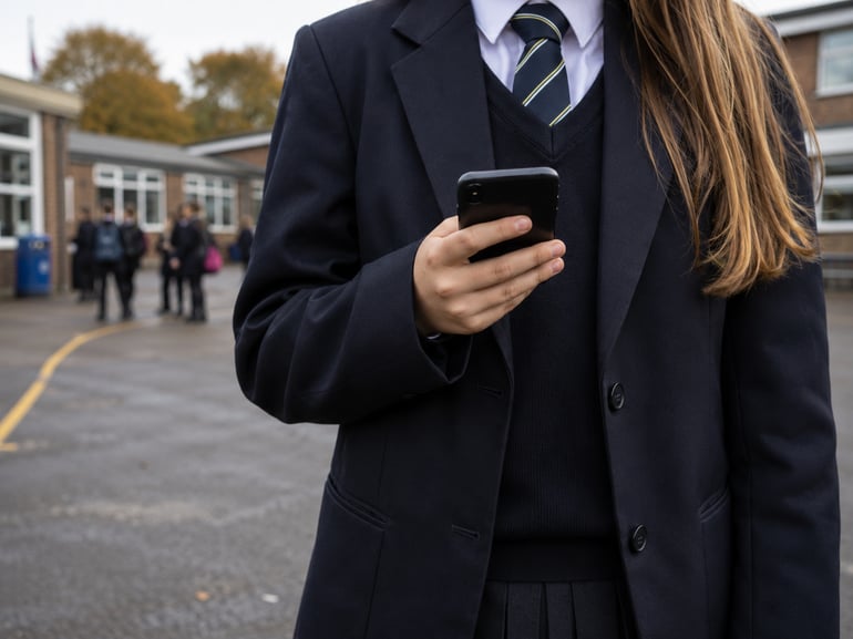 A school girl using her mobile in the schoolyard