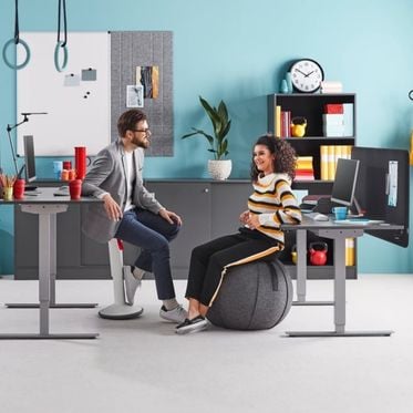 a man and and a woman facing each other in a modern office, the man seating in a stool and the woman seating in a pilates ball