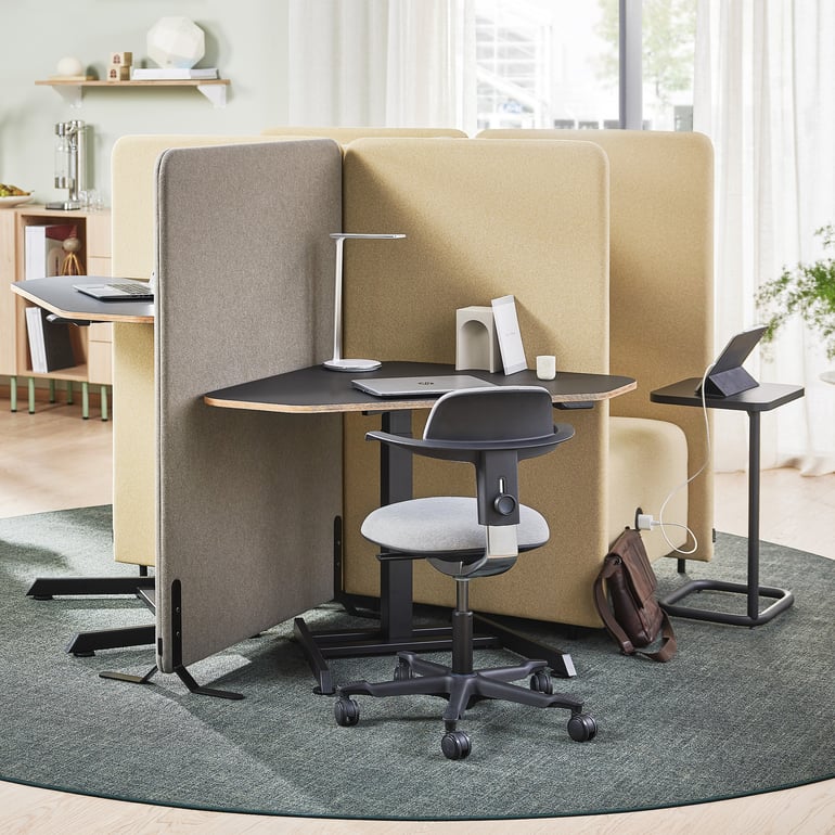 An excellent choice for small offices, a small heigh-adjustable desk and matching office chair with ergonomics settings.