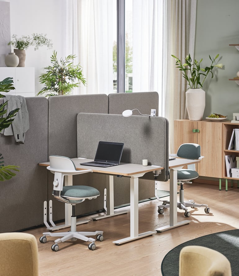 an office with standing acoustic panels and desk screens in matching colours