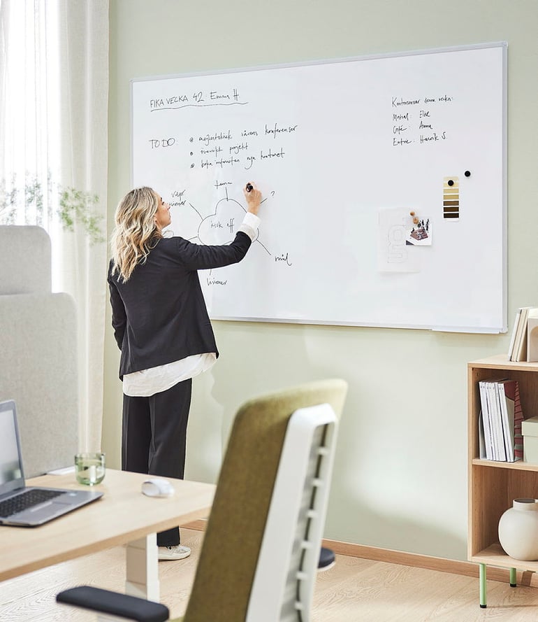 A person preparing for a meeting by making notes on the dry-erase board in a meeting room