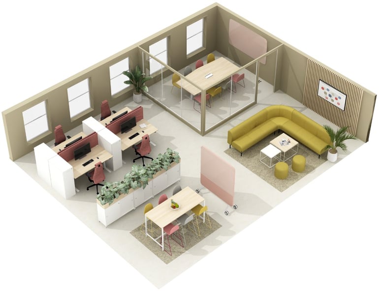 Freidig og fargerikt kontorlandskap i 3D