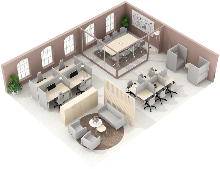 Et nordisk og naturlig kontorlandskap i 3D