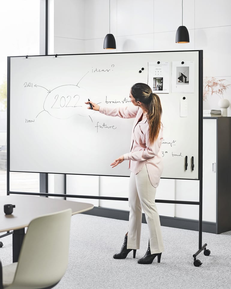 Frau schreibt auf einem Whiteboard