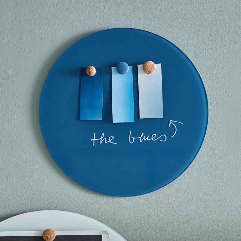 three colour samples in the shade of blue