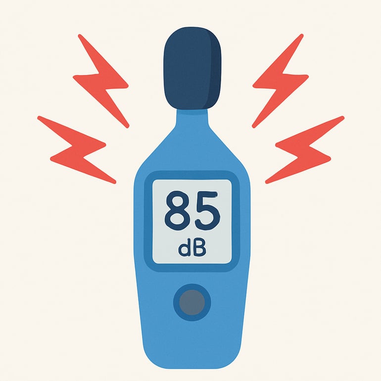 illustration of a decibel meter device marking 85 dB on the screen, around it there are several noise icons indicating loud noise levels