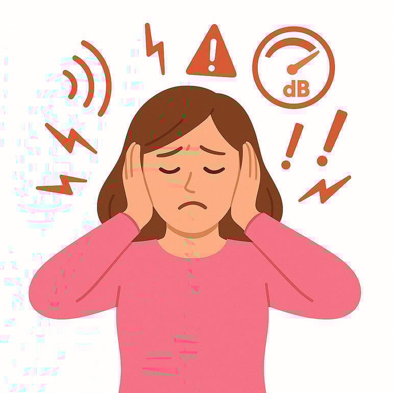 illustration of woman  woman with her hands over her ears, exhibiting a discomfort expression. Surrounding her head are various symbols representing noise, warnings, and high decibels, visually communicating the experience of noise-induced stress or discomfort, hyperacusis or noise sensitivity.