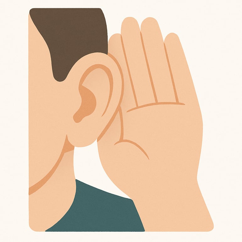 illustration of a person with his hand below his ear conveying the idea that he is trying to listen to something