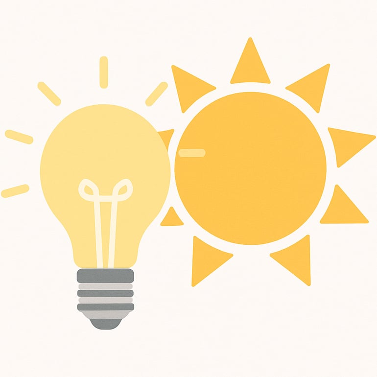 illustration of a light bulb beside a bright sun