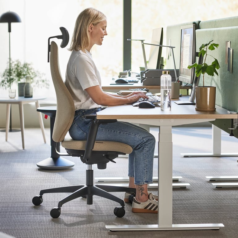 Person sittande i en kontorsstol vid ett skrivbord och använder en dator, med en växt i närheten.