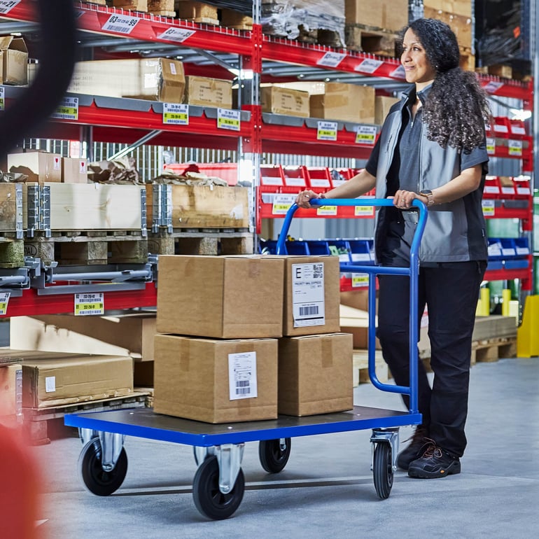 En person skjuter en plattformsvagn lastad med lådor i en lagermiljö.