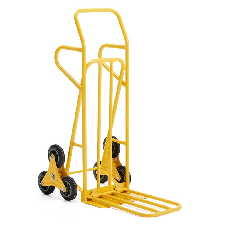 Gul trappklättrande säckvagn med hjul designad för enkel transport av tunga föremål.