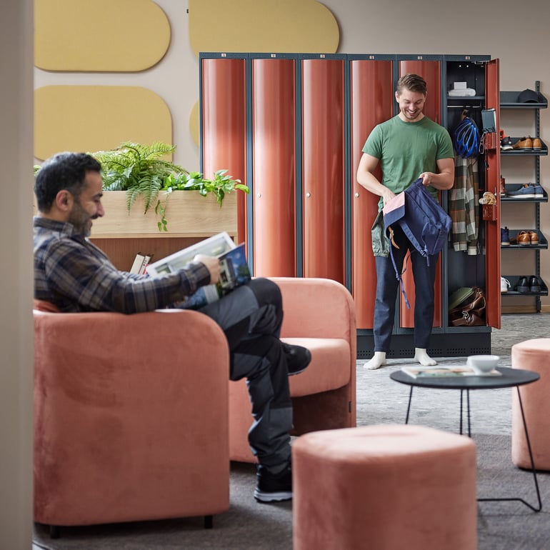 a colourful changing room with a breakroom