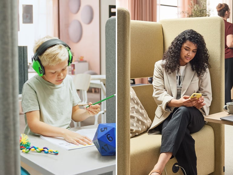 two images side by side of AJ Products neurodiverse furniture solutions