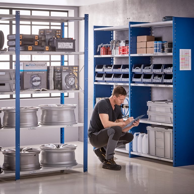 Muž ve skladu s regály