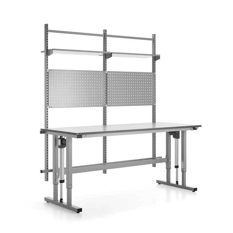 Levně Výškově nastavitelný pracovní stůl MOTION, 400 kg, 2000x800 mm, s panelem na nářadí a policemi