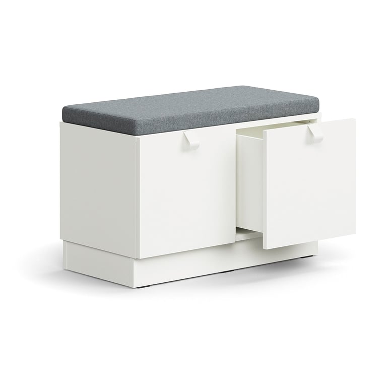 Lavica s úložným priestorom QBUS, so soklom, s madlom, 534x800x420 mm, biela, šedé čalúnenie
