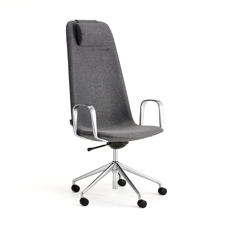 Stol LANGLEY, høj ryg, hjulunderstel, armlæn, børstet aluminium ...
