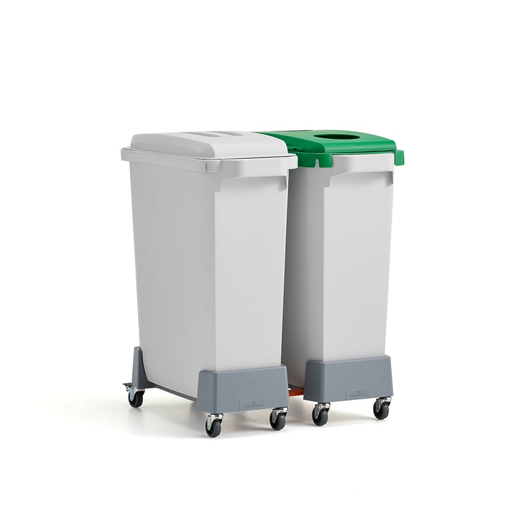 Levně Set pro třídění odpadu OLIVER, 2x koš 60 l s vozíkem, zelené a šedé víko