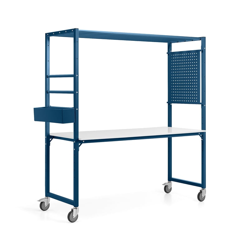Levně Mobilní multifunkční stůl TEAMWORK, box na příslušenství, perforovaný panel, modrá/whiteboard deska