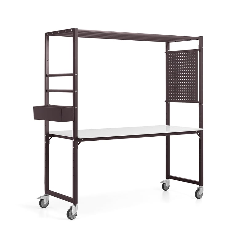 E-shop Mobilný multifunkčný stôl TEAMWORK, box na príslušenstvo, panel na náradie, bordový, whiteboard dosk