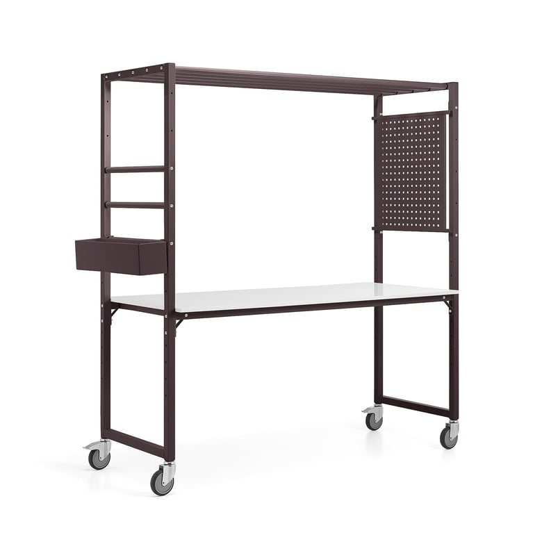 Levně Mobilní multifunkční stůl TEAMWORK, box na příslušenství, perforovaný panel, vínová/whiteboard deska