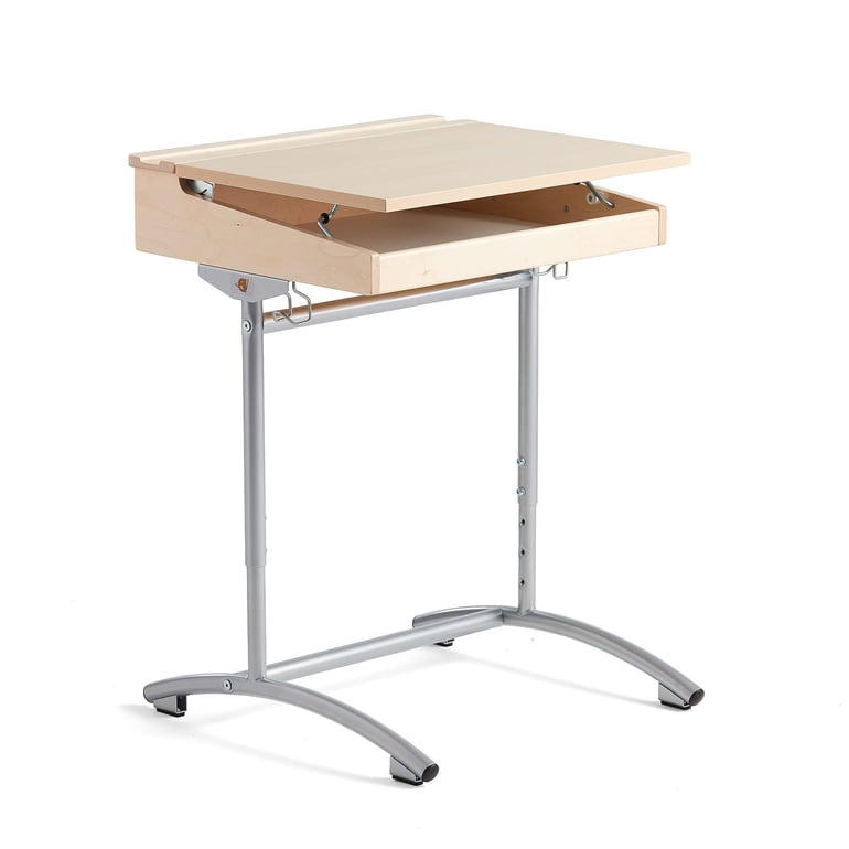 Výškovo nastaviteľný školský stôl ACCESS, 650x550 mm, strieborný, akustický HPL – březová