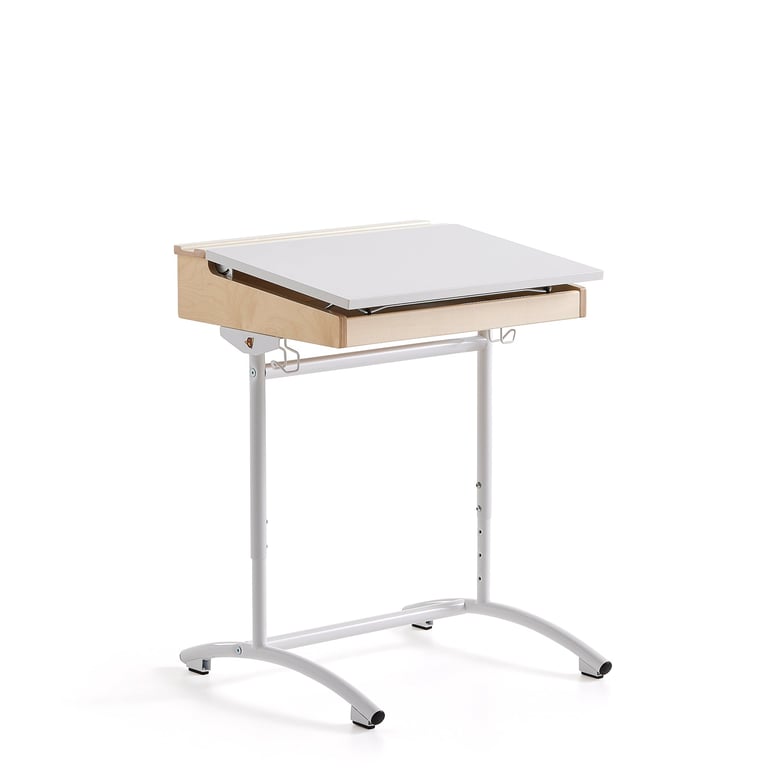 Výškovo nastaviteľný školský stôl ACCESS, 650x550 mm, biely, akustický HPL – biela