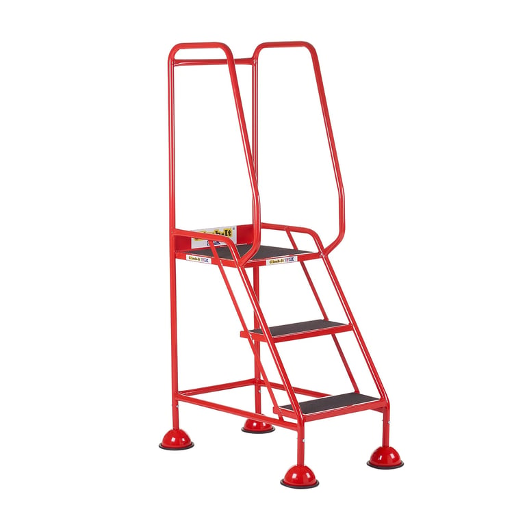 Domed feet mobile safety steps, 3 treads, H 770 mm, red | AJ Products IE