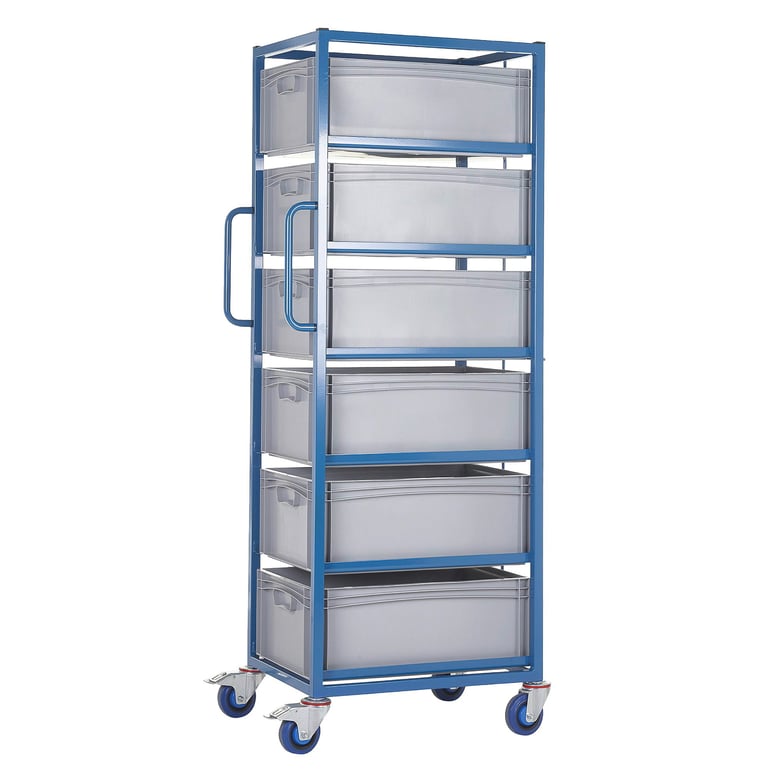 Mobile tray rack with trays, H 1680 mm, 6 x 44 L trays | AJ Products UK