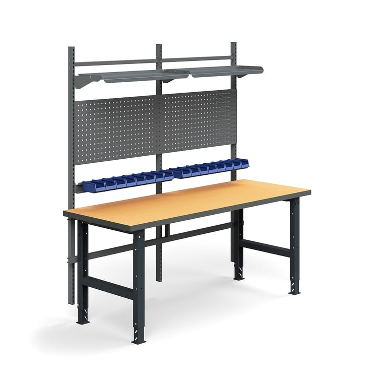 E-shop Dielenský stôl TRUST, panel na náradie, plastové boxy, police, 2000x760 mm, tvrdená doska