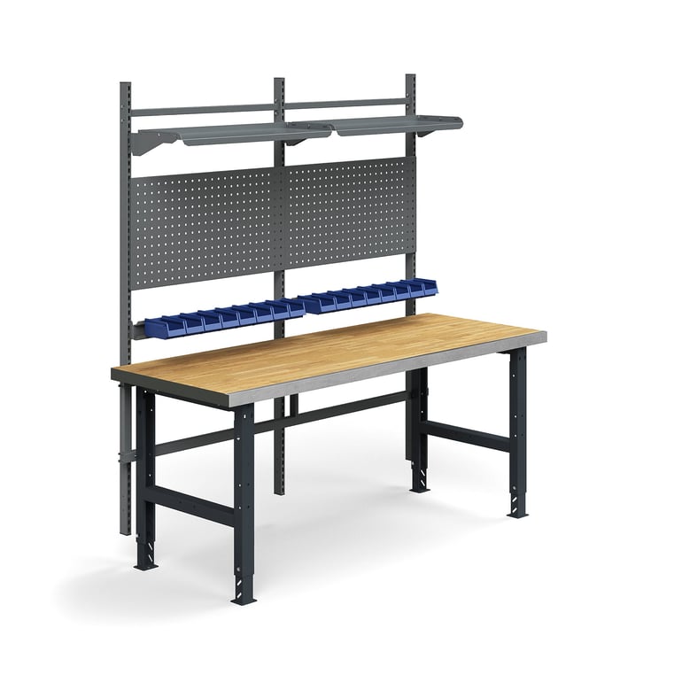 E-shop Dielenský stôl TRUST, panel na náradie, plastové boxy, police, 2000x760 mm, povrch z dubového dreva