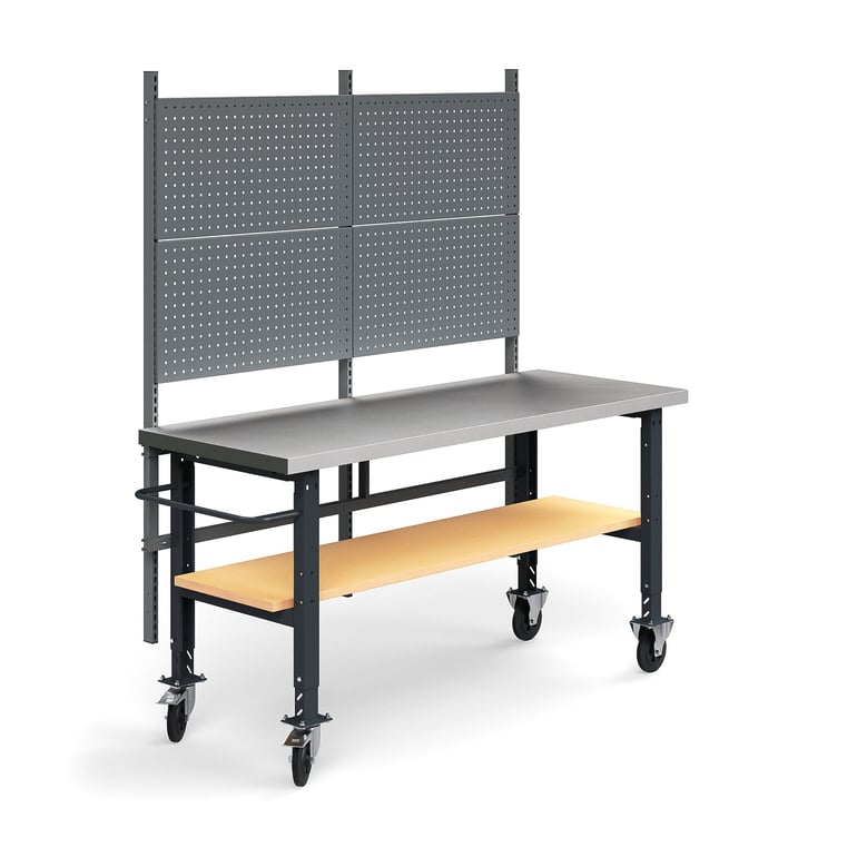 E-shop Mobilný dielenský stôl TRUST, panel na náradie, spodná polica, 2000x760 mm, oceľový povrch