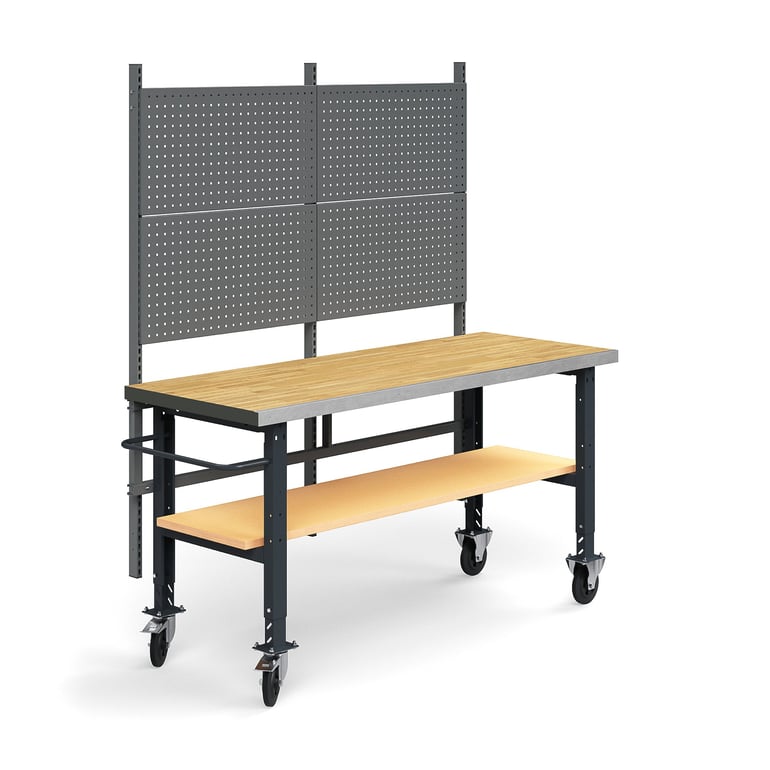 E-shop Mobilný dielenský stôl TRUST, panel na náradie, spodná polica, 2000x760 mm, povrch z dubového dreva