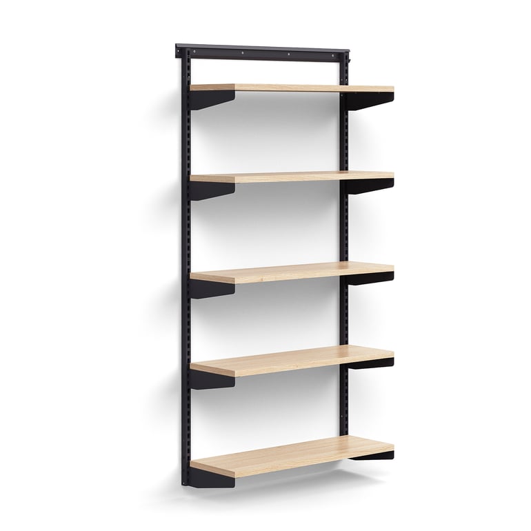 E-shop Nástenný regál RELY, základná sekcia, laminátové police, 1800x900x300 mm, antracit/dub