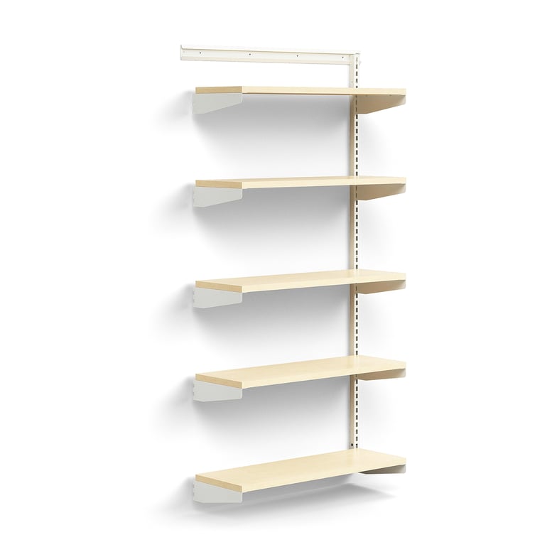 E-shop Nástenný regál RELY, prídavná sekcia, laminátové police, 1800x900x300 mm, biela/buk