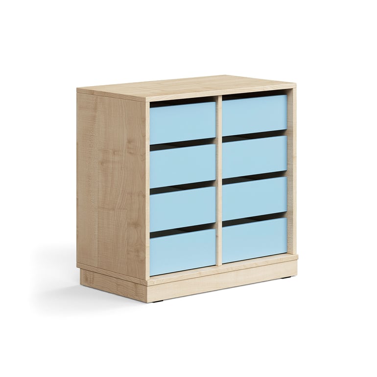 Úložná skrinka CASPER, 8 zásuviek, so soklom, breza/sky blue