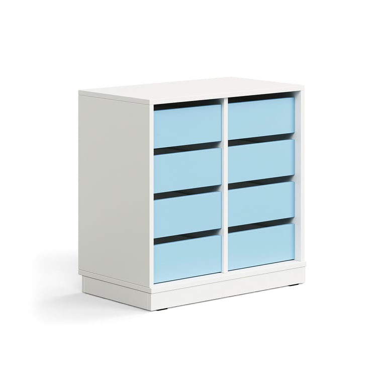 Úložná skrinka CASPER, 8 zásuviek, so soklom, biela/sky blue