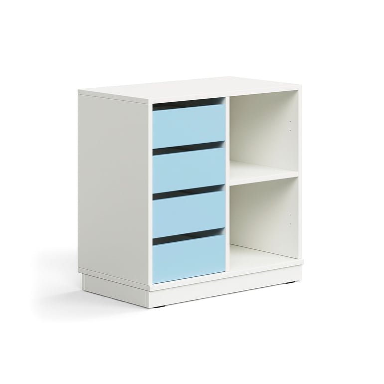 Úložná skrinka CASPER, 4 zásuvky, 2 priehradky, so soklom, biela/sky blue