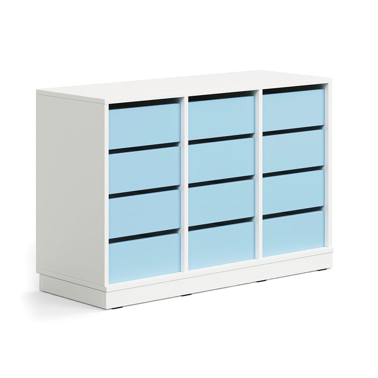 Úložná skrinka CASPER, 12 zásuviek, so soklom, biela/sky blue