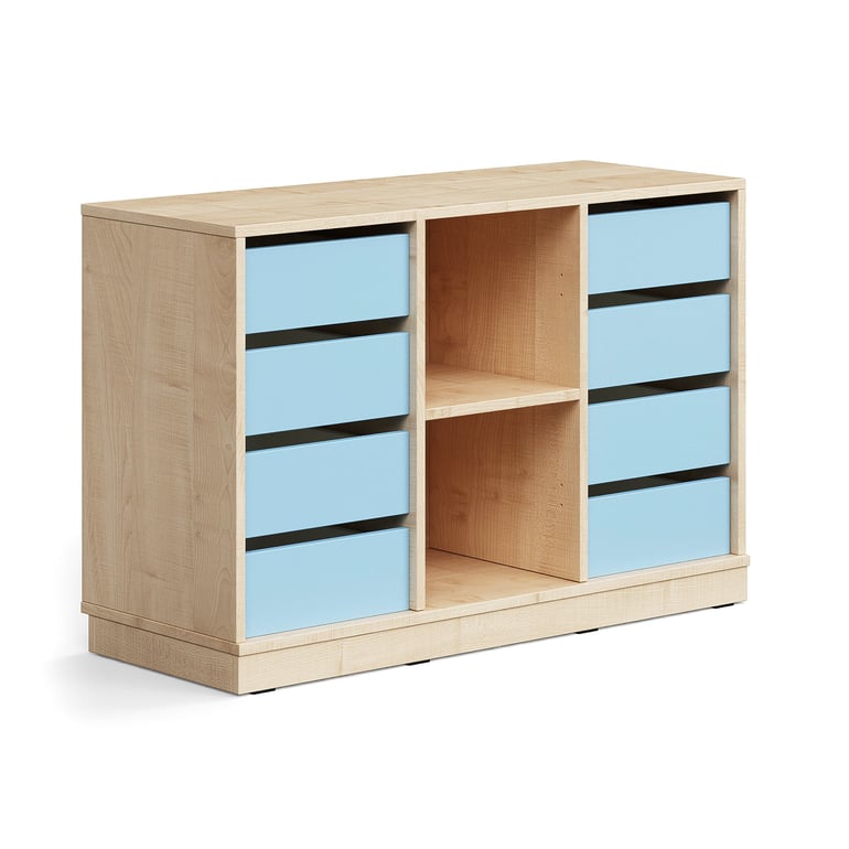 Úložná skrinka CASPER, 8 zásuviek, 2 priehradky, so soklom, breza/sky blue
